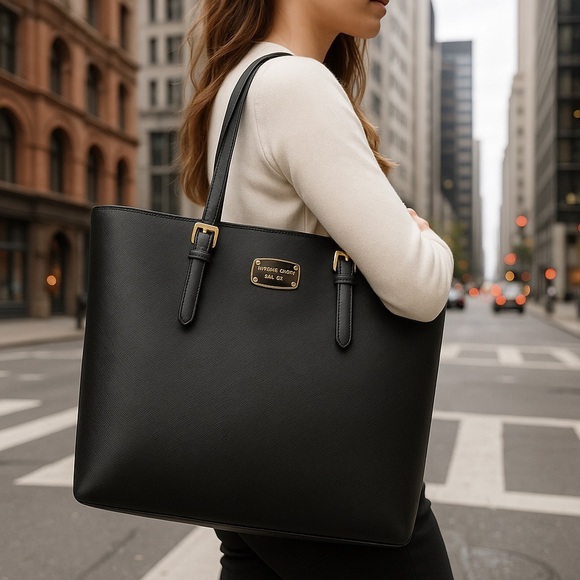 Michael Kors Black Saffiano Leather Shoulder Tote | Gold Hardware - Picture 1 of 16